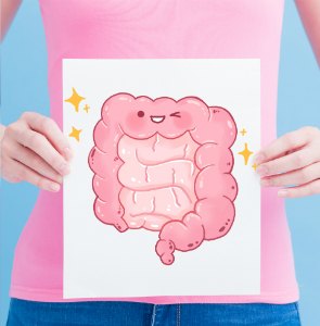what causes leaky gut: woman holding image of intestines | good gut health | Perpetual Wellbeing