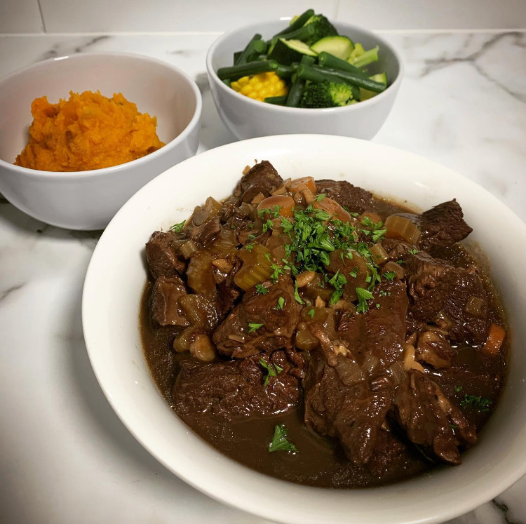 slow cooker beef stew with sweet potato mash and steamed green vegies