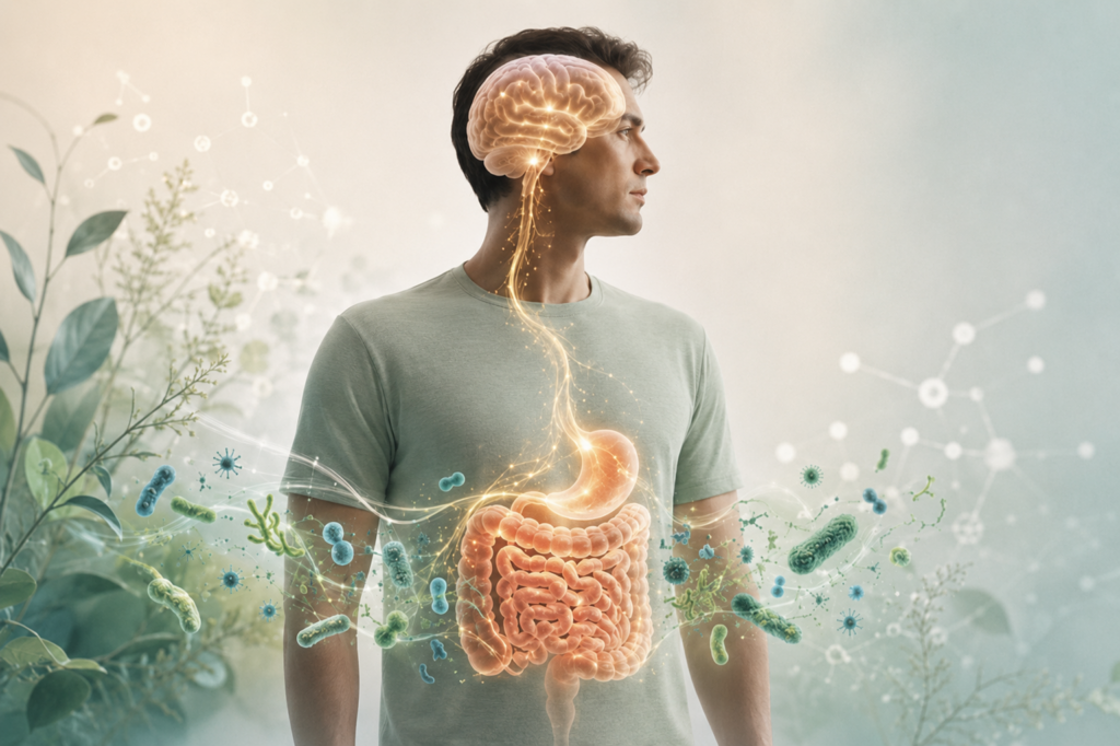 Illustration of the gut-brain connection showing the brain, digestive system and beneficial gut bacteria.