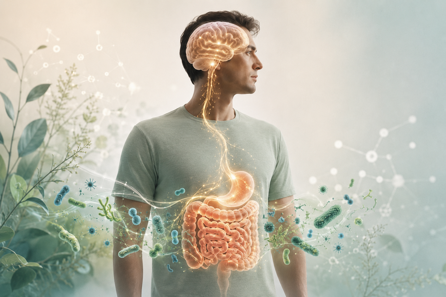 Illustration of the gut-brain connection showing the brain, digestive system and beneficial gut bacteria.