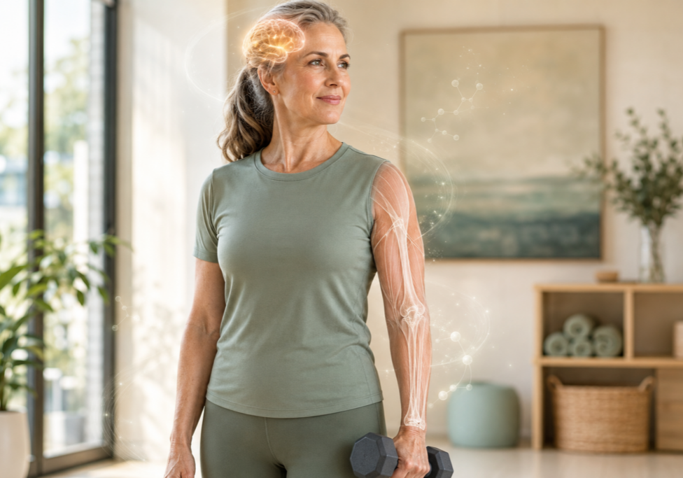 Active woman over 50 holding dumbbells with visual overlays of the brain, arm muscles and bones.