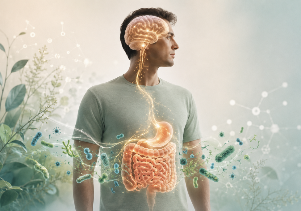 Illustration of the gut-brain connection showing the brain, digestive system and beneficial gut bacteria.